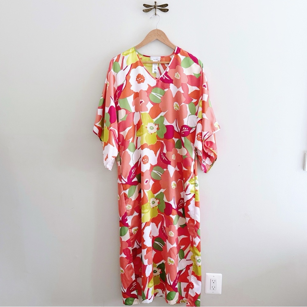 Natori Floral Satin Multicolor Maxi Kaftan Dress Small